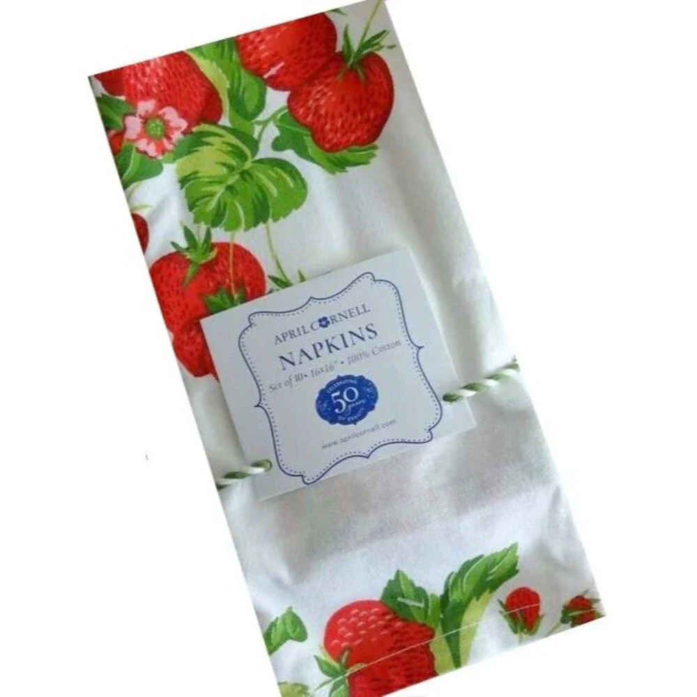April Cornell Strawberries Napkins Set of 10 Red Green White 100% Cotton Summer